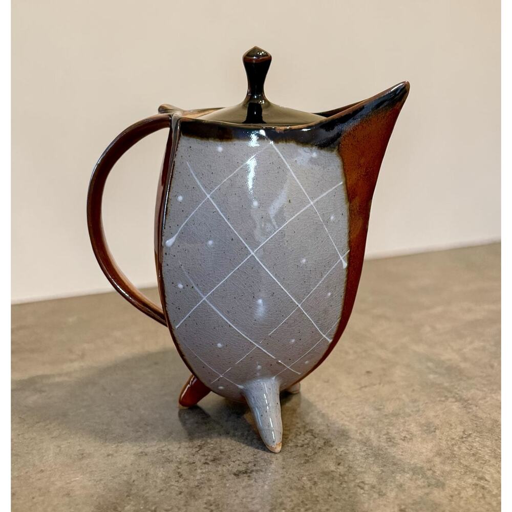 Mid Century Japanese Studio Pottery Teapot Tripod Drip Glaze Modernist MCM